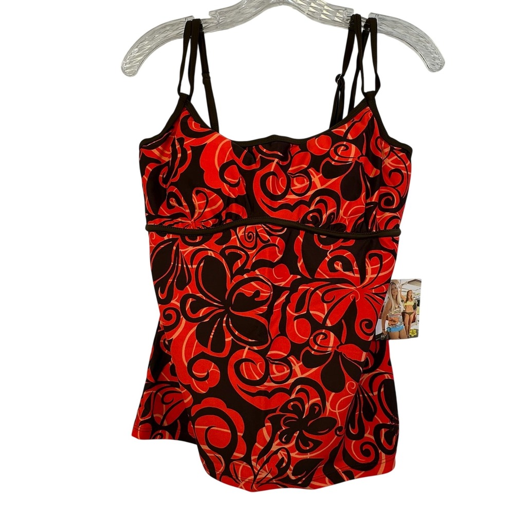 Hapari Lava SOS Tankini‎ Top Red Brown Floral Lace Up Back NWT Large